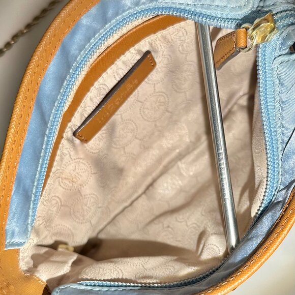 MICHAEL Michael Kors MK Kempton Powder Blue Nylon & Brown Leather Crossbody Bag - Picture 8 of 14